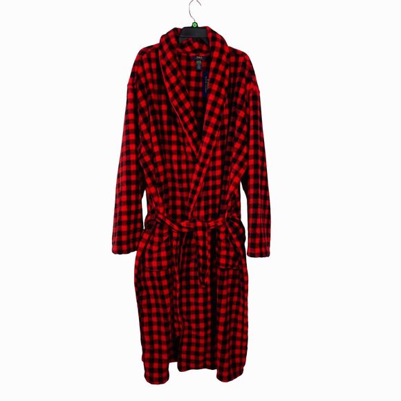 POLO RALPH LAUREN Men's Robe Sleep Fleece Plush Plaid Buffalo Red Black L/XL NWT - Picture 3 of 14